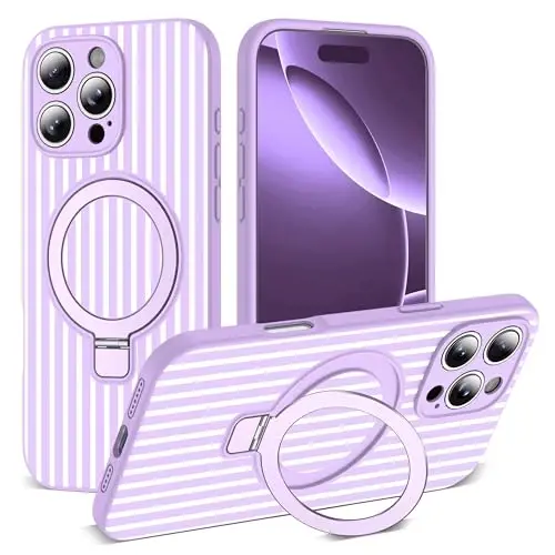 SKYLMW Compatible with iPhone 16 Pro Case with Magnetic Invisible Stand [Compatible with Mag-Safe][Cute Aesthetic Striped Pattern] Silicone 16 Pro Phone Case for Women Men 6.3