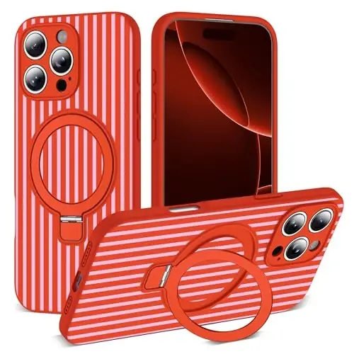 SKYLMW Compatible with iPhone 16 Pro Case with Magnetic Invisible Stand [Compatible with Mag-Safe][Cute Aesthetic Striped Pattern] Silicone 16 Pro Phone Case for Women Men 6.3