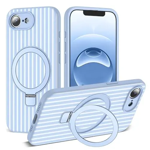 SKYLMW Compatible with iPhone 16E Case with Magnetic Invisible Stand [Compatible with Mag-Safe][Cute Aesthetic Striped Pattern] Silicone 16E Phone Case for Women Men 6.1