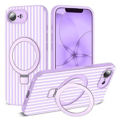 SKYLMW Compatible with iPhone 16E Case with Magnetic Invisible Stand [Compatible with Mag-Safe][Cute Aesthetic Striped Pattern] Silicone 16E Phone Case for Women Men 6.1
