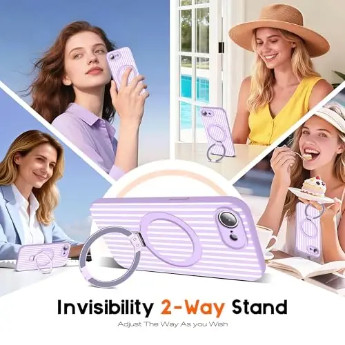 SKYLMW Compatible with iPhone 16E Case with Magnetic Invisible Stand [Compatible with Mag-Safe][Cute Aesthetic Striped Pattern] Silicone 16E Phone Case for Women Men 6.1