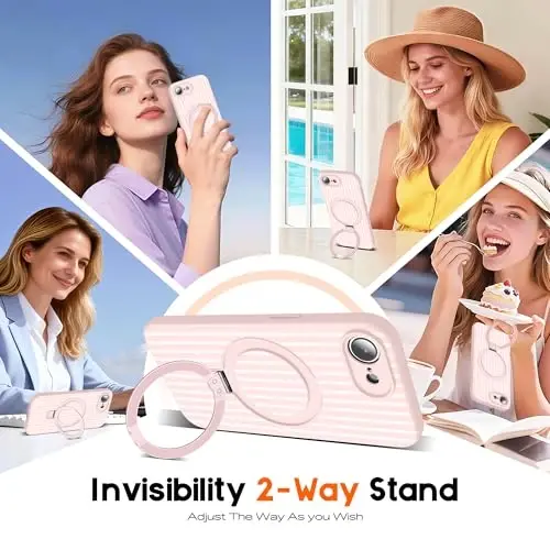 SKYLMW Compatible with iPhone 16E Case with Magnetic Invisible Stand [Compatible with Mag-Safe][Cute Aesthetic Striped Pattern] Silicone 16E Phone Case for Women Men 6.1