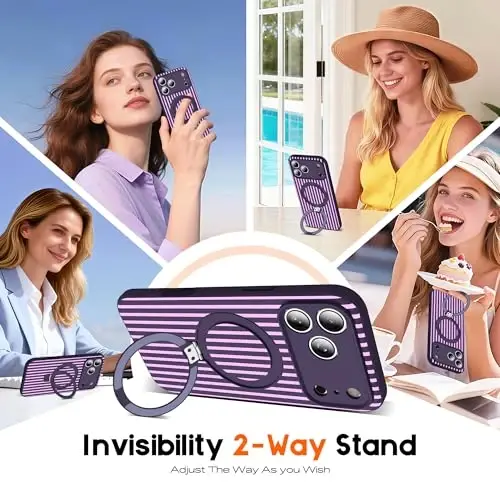 SKYLMW Compatible with iPhone 17 Pro Case with Magnetic Invisible Stand [Compatible with Mag-Safe][Cute Aesthetic Striped Pattern] Silicone 17 Pro Phone Case for Women Men 6.3
