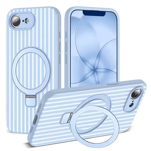 SKYLMW Compatible with iPhone 17E Case with Magnetic Invisible Stand [Compatible with Mag-Safe][Cute Aesthetic Striped Pattern] Silicone 17E Phone Case for Women Men 6.1
