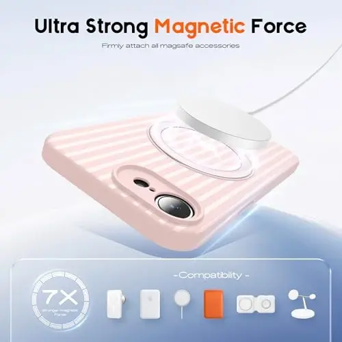 SKYLMW Compatible with iPhone 17E Case with Magnetic Invisible Stand [Compatible with Mag-Safe][Cute Aesthetic Striped Pattern] Silicone 17E Phone Case for Women Men 6.1