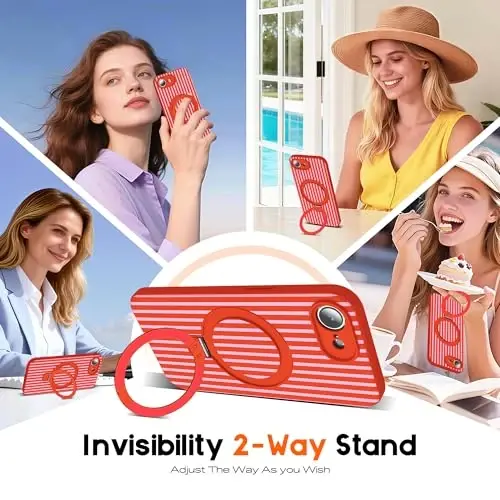 SKYLMW Compatible with iPhone 17E Case with Magnetic Invisible Stand [Compatible with Mag-Safe][Cute Aesthetic Striped Pattern] Silicone 17E Phone Case for Women Men 6.1