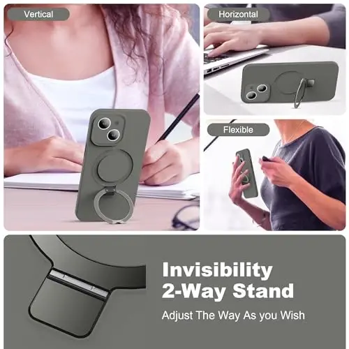 SKYLMW Designed for iPhone 15 Pro Case with Magnetic Invisible Stand Compatible with MagSafe Military Drop Tested Shockproof Liquid Silicone iPhone 15 Pro Phone Cases for Women Men 6.1'' 2023, L-Grey - 2