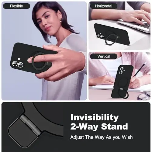 SKYLMW Designed for iPhone 16 Case with Magnetic Invisible Stand Compatible with Mag-Safe Military Drop Tested Shockproof Silicone Phone Cases for Women Men 6.1'', Black 251009 - 3