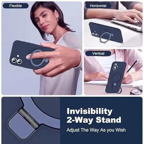 SKYLMW Designed for iPhone 16 Case with Magnetic Invisible Stand Compatible with Mag-Safe Military Drop Tested Shockproof Silicone Phone Cases for Women Men 6.1'', Dark Blue - 2