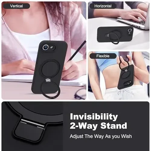 SKYLMW Designed for iPhone 16e Case with Magnetic Invisible Stand Compatible with Mag-Safe Military Drop Tested Shockproof Silicone Phone Cases for Women Men 6.1'', Black - 2