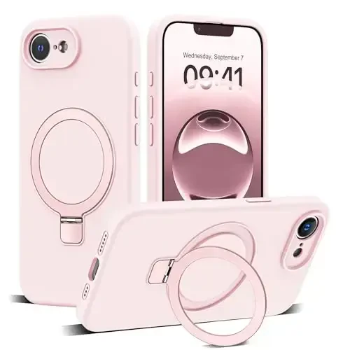 SKYLMW Designed for iPhone 16e Case with Magnetic Invisible Stand Compatible with Mag-Safe Military Drop Tested Shockproof Silicone Phone Cases for Women Men 6.1'', Pink - 1