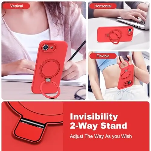 SKYLMW Compatible with iPhone 16e & 17e Case with Magnetic Invisible Stand Compatible with Mag-Safe Military Drop Tested Shockproof Silicone Phone Cases for Women Men 6.1'', Red - 3