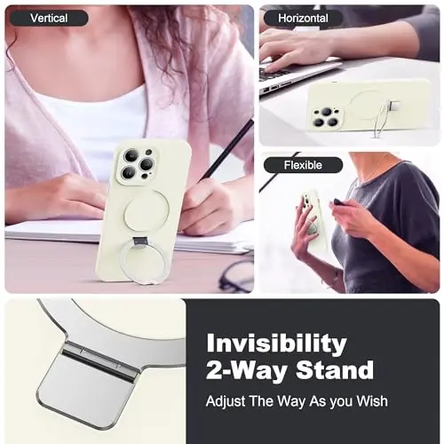 SKYLMW for iPhone 15 Pro Max Case with Magnetic Invisible Stand Compatible with MagSafe Military Drop Tested Shockproof Liquid Silicone iPhone 15 Pro Max Phone Cases for Women Men 6.7'' 2023,White - 2
