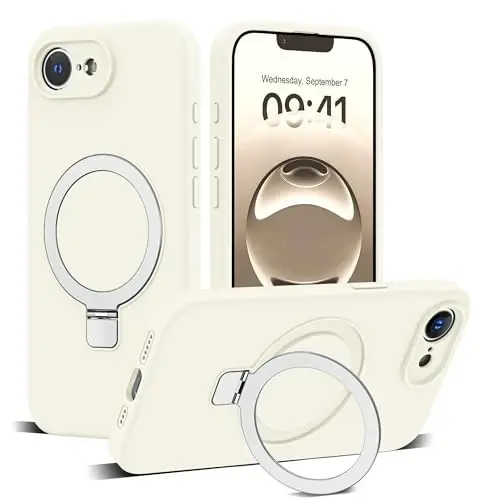 SKYLMW Designed for iPhone 16e Case with Magnetic Invisible Stand Compatible with Mag-Safe Military Drop Tested Shockproof Silicone Phone Cases for Women Men 6.1'', White - SKYLMW
