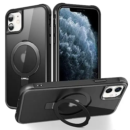 SKYLMW iPhone 11 uchun g'ilof, ko'rinmas magnit O-Ring stend bilan, harbiy darajadagi shaffof g'ilof iPhone 11 6.1
