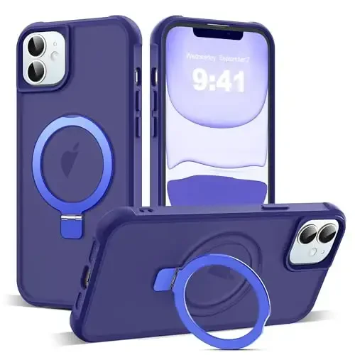 SKYLMW iPhone 11 uchun g'ilof, ko'rinmas magnitli O-Ring stend bilan, harbiy darajadagi yarim shaffof g'ilof iPhone 11 6.1