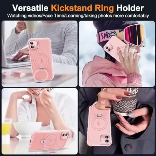 SKYLMW iPhone 11 uchun g'ilof, ko'rinmas magnitli O-Ring stend [MagSafe bilan mos][Zo'r ushlash hissi], pushti - 5