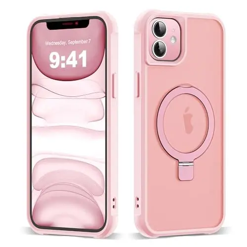 SKYLMW iPhone 11 uchun g'ilof, ko'rinmas magnitli O-Ring stend [MagSafe bilan mos][Zo'r ushlash hissi], pushti 