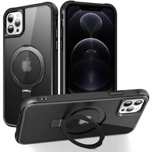 SKYLMW iPhone 12 uchun g‘ilof va iPhone 12 Pro uchun g‘ilof bilan mos keladi, ko‘rinmas magnit O-Ring stendli yarim shaffof telefon g‘iloflari 6.1