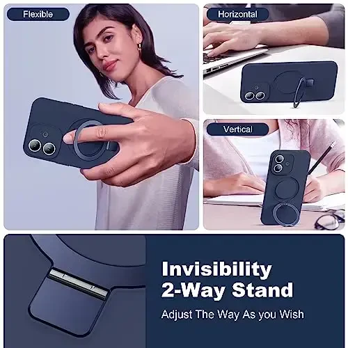 SKYLMW iPhone 12 uchun mo'ljallangan g'ilof, magnitli ko'rinmas stend bilan, Mag-Safe bilan mos, harbiy tomchiga chidamli, zarbaga chidamli silikon telefon g'iloflari ayollar va erkaklar uchun 6,1'', to'q ko'k - SKYLMW (1)