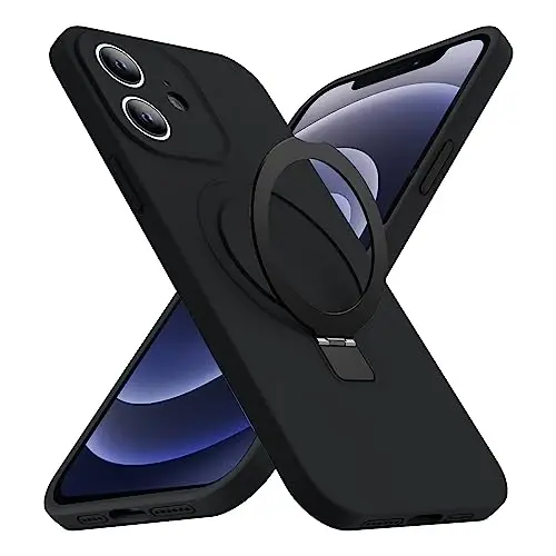 SKYLMW iPhone 12 uchun mo'ljallangan magnitli ko'rinmas stendli g'ilof, Mag-Safe bilan mos, harbiy sinovdan o'tgan zarbaga chidamli silikon telefon g'iloflari ayollar va erkaklar uchun 6,1 dyuym, qora - SKYLMW
