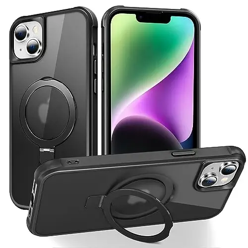 SKYLMW iPhone 13 Case & iPhone 14 Case bilan mos keladi, ko'rinmas magnit O-Ring stendiga ega yarim shaffof telefon g'iloflari 13 & 14 6.1