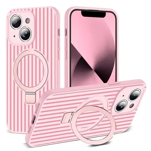 SKYLMW Compatible with iPhone 13 Case with Magnetic Invisible Stand [Compatible with Mag-Safe][Cute Aesthetic Striped Pattern] Silicone 13 Phone Case for Women Men 6.1