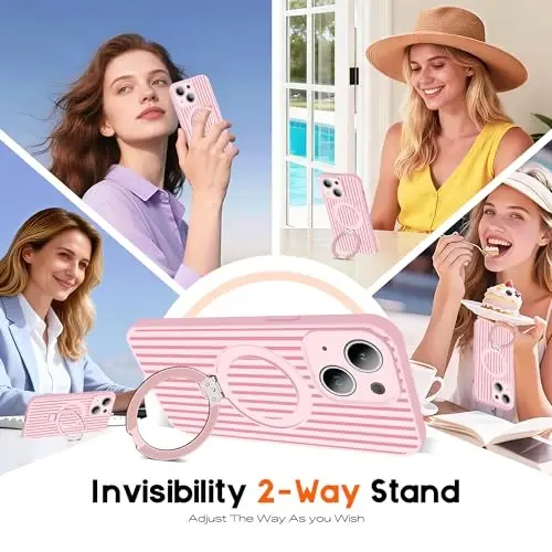 SKYLMW Compatible with iPhone 13 Case with Magnetic Invisible Stand [Compatible with Mag-Safe][Cute Aesthetic Striped Pattern] Silicone 13 Phone Case for Women Men 6.1