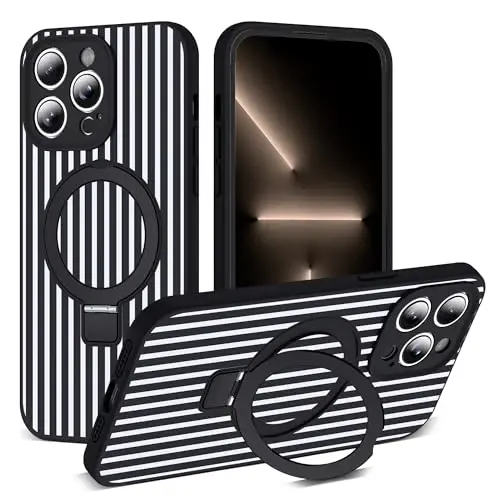 SKYLMW Compatible with iPhone 13 Pro Case with Magnetic Invisible Stand [Compatible with Mag-Safe][Cute Aesthetic Striped Pattern] Silicone 13 Pro Phone Case for Women Men 6.1