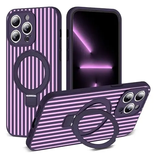 SKYLMW iPhone 13 Pro Max G'ilofiga mos keladi, magnitli ko'rinmas stend bilan [Mag-Safe bilan mos keladi] [Yoqimli estetik chiziqli naqsh] Ayollar va erkaklar uchun silikon 13 Pro Max telefon g'ilofi 6.7