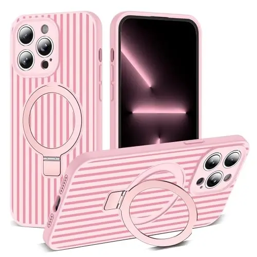 SKYLMW Compatible with iPhone 13 Pro Max Case with Magnetic Invisible Stand [Compatible with Mag-Safe][Cute Aesthetic Striped Pattern] Silicone 13 Pro Max Case for Women Men 6.7