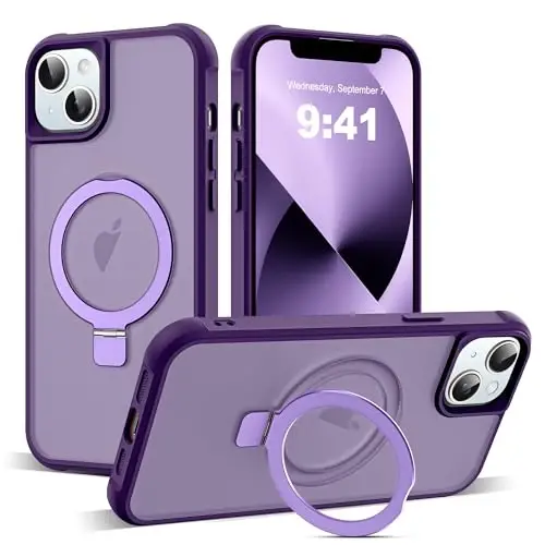SKYLMW iPhone 13 uchun g‘ilof va iPhone 14 g‘ilofi bilan mos keladi, ko‘rinmas magnit O-Ring stendli yarim shaffof telefon g‘iloflari 13 va 14 6.1