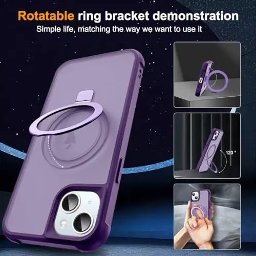 SKYLMW iPhone 13 uchun g‘ilof va iPhone 14 g‘ilofi bilan mos keladi, ko‘rinmas magnit O-Ring stendli yarim shaffof telefon g‘iloflari 13 va 14 6.1