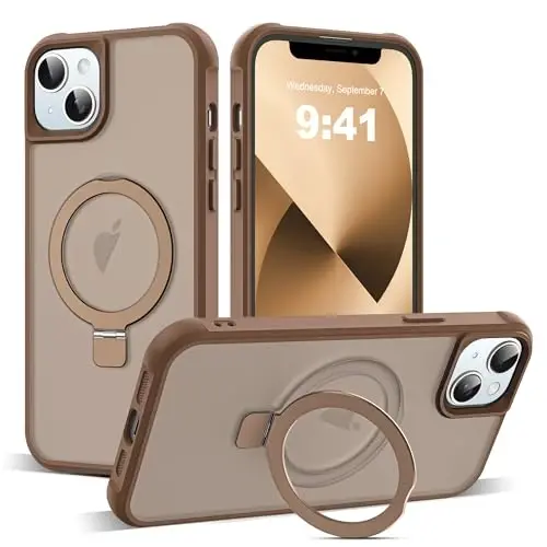 SKYLMW iPhone 13 va iPhone 14 bilan mos keladigan g'ilof, ko'rinmas magnit O-Ring stendli yarim shaffof telefon g'iloflari 13 va 14 6.1