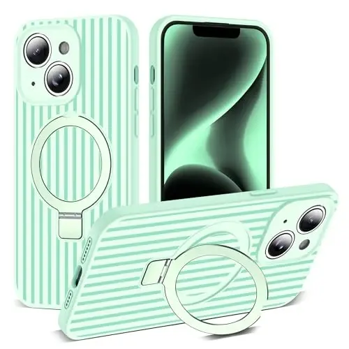 SKYLMW iPhone 14 G'ilof bilan mos keladi, magnitli ko'rinmas tayanchli [Mag-Safe bilan mos keladi][Yoqimli estetik chiziqli naqsh] Ayollar va erkaklar uchun silikon 14 telefon g'ilofi 6.1 dyuymli, To'q yashil/Yalpiz yashil - SKYLMW