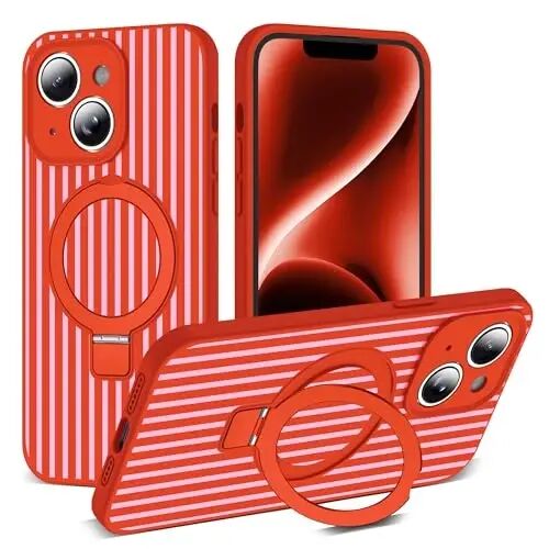 SKYLMW iPhone 14 G'ilofiga mos keladi, magnitli ko'rinmas stendga ega [Mag-Safe bilan mos keladi] [Yoqimli estetik chiziqli naqsh] Ayollar va erkaklar uchun silikon 14 telefon g'ilofi 6.1 dyuym, Qizil/Pushti - SKYLMW