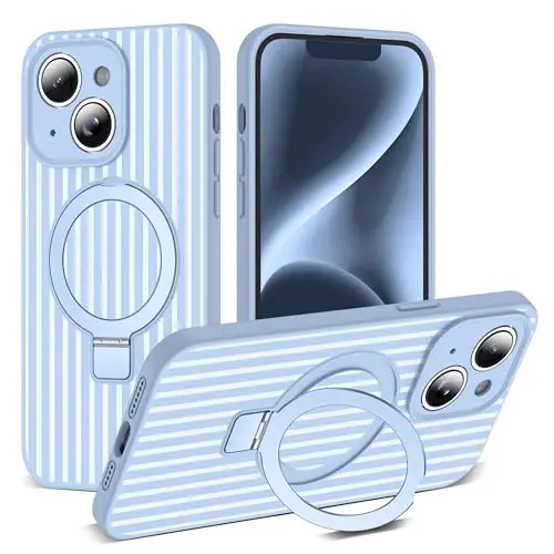 SKYLMW Compatible with iPhone 14 Case with Magnetic Invisible Stand [Compatible with Mag-Safe][Cute Aesthetic Striped Pattern] Silicone 14 Phone Case for Women Men 6.1