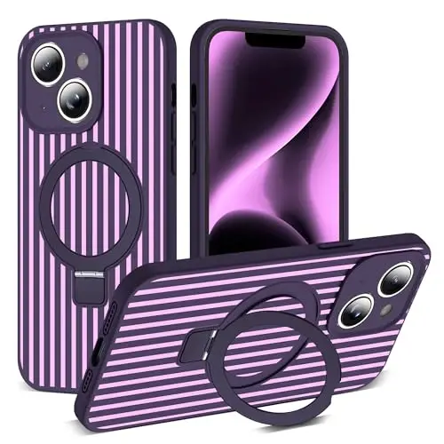 SKYLMW iPhone 14 Plus G‘ilof uchun mos keladigan Magnit Ko‘rinmas Stendli [Mag-Safe bilan mos keladi][Yoqimli Estetik Chiziqli Naqsh] Ayollar va Erkaklar uchun Silikon 14 Plus Telefon G‘ilofi 6.7”, Binafsha/Pushti - SKYLMW
