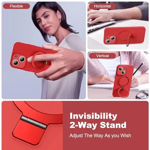 SKYLMW Designed for iPhone 14 Plus Case with Magnetic Invisible Stand Compatible with Mag-Safe Military Drop Tested Shockproof Silicone Phone Cases for Women Men 6.7'', Red - 2