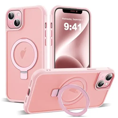 SKYLMW iPhone 14 Plus uchun g'ayrioddiy magnit O-ring stendga ega harbiy darajadagi yarim shaffof g'ilof iPhone 14 Plus 6.7
