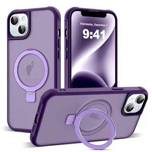 SKYLMW iPhone 14 Plus uchun g'ayrioddiy magnit O-ringli stendga ega harbiy standartdagi yarim shaffof chexol, iPhone 14 Plus 6.7