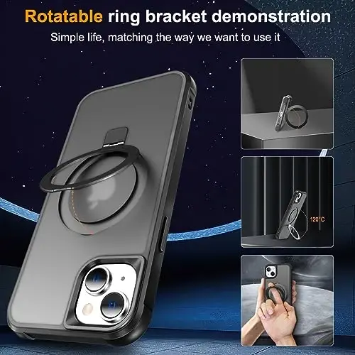 SKYLMW iPhone 14 Plus uchun g'ilof, ko'rinmas magnit O-Ring stendli, harbiy darajadagi yarim shaffof g'ilof iPhone 14 Plus 6.7