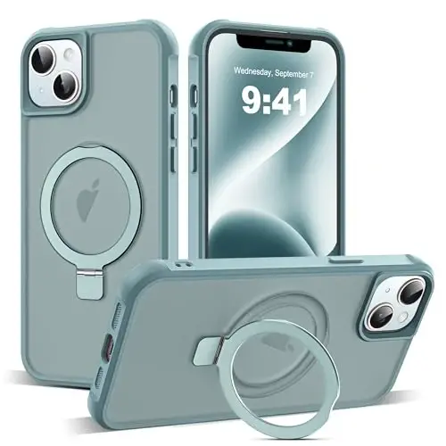 SKYLMW iPhone 14 Plus uchun g'ilof, ko'rinmas magnit O-ring stendli harbiy standartdagi yarim shaffof g'ilof iPhone 14 Plus 6.7