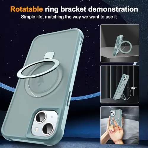 SKYLMW iPhone 14 Plus uchun g'ilof, ko'rinmas magnit O-ring stendli harbiy standartdagi yarim shaffof g'ilof iPhone 14 Plus 6.7