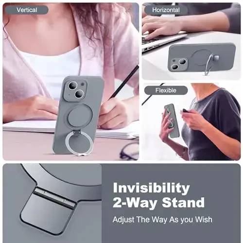 SKYLMW iPhone 14 Plus uchun mo'ljallangan g'ilof, magnitli ko'rinmas stend bilan, Mag-Safe bilan mos, harbiy sinovdan o'tgan zarbga chidamli silikon telefon g'iloflari ayollar va erkaklar uchun 6,7'', kulrang - SKYLMW (1)