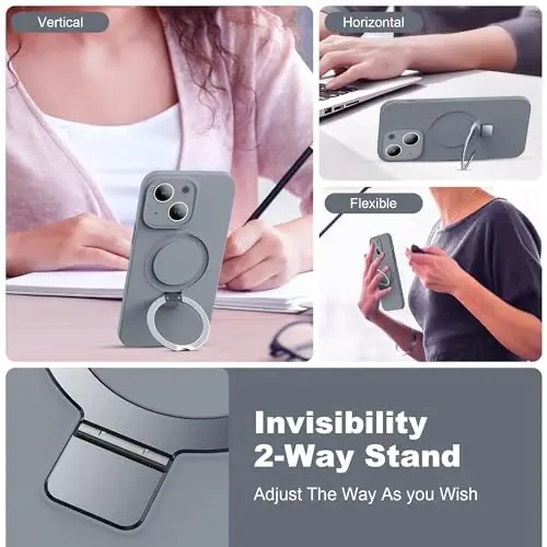 SKYLMW iPhone 14 Plus uchun mo'ljallangan g'ilof, magnitli ko'rinmas stend bilan, Mag-Safe bilan mos, harbiy sinovdan o'tgan zarbga chidamli silikon telefon g'iloflari ayollar va erkaklar uchun 6,7'', kulrang - 2