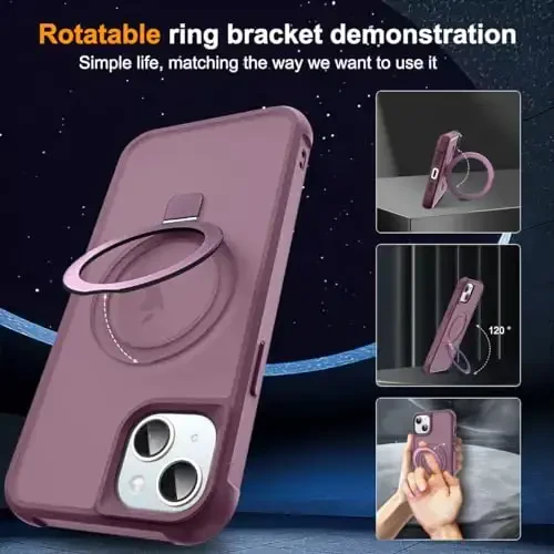 SKYLMW iPhone 14 Plus uchun mos keladigan g'ilof, ko'rinmas magnit O-Ring stend bilan, harbiy darajadagi yarim shaffof g'ilof iPhone 14 Plus 6.7