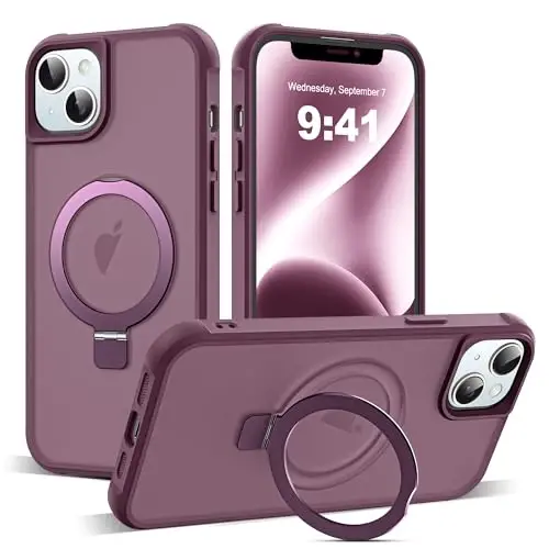 SKYLMW iPhone 14 Plus uchun mos keladigan g'ilof, ko'rinmas magnit O-Ring stend bilan, harbiy darajadagi yarim shaffof g'ilof iPhone 14 Plus 6.7