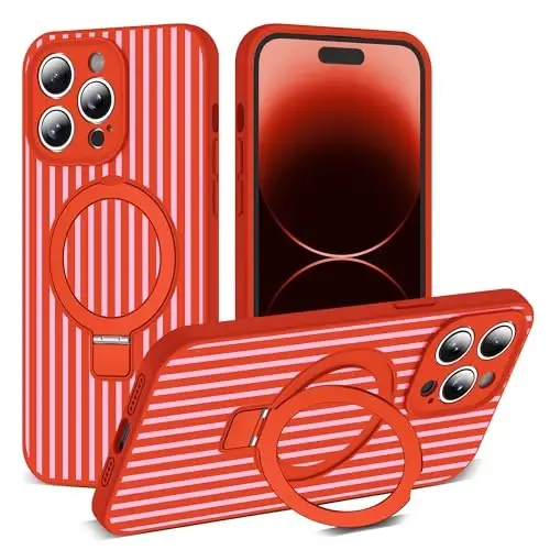 SKYLMW Compatible with iPhone 14 Pro Case with Magnetic Invisible Stand [Compatible with Mag-Safe][Cute Aesthetic Striped Pattern] Silicone 14 Pro Phone Case for Women Men 6.1