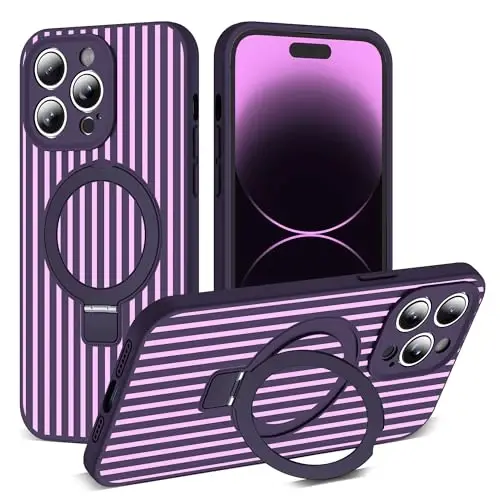 SKYLMW iPhone 14 Pro Max G'ilof Magnitli Ko'rinmas Tayanch Bilan [Mag-Safe Bilan Mos Keladi] [Yoqimli Estetik Chiziqli Naqsh] Ayollar Erkaklar uchun Silikon 14 Pro Max Telefon G'ilofi 6.7